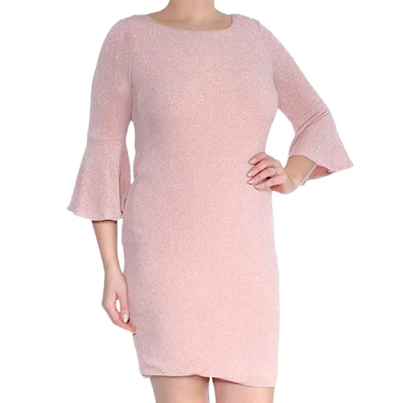Calvin Klein Pink Bell Sleeve Shimmer Womens 22w Plus Sheath Dress